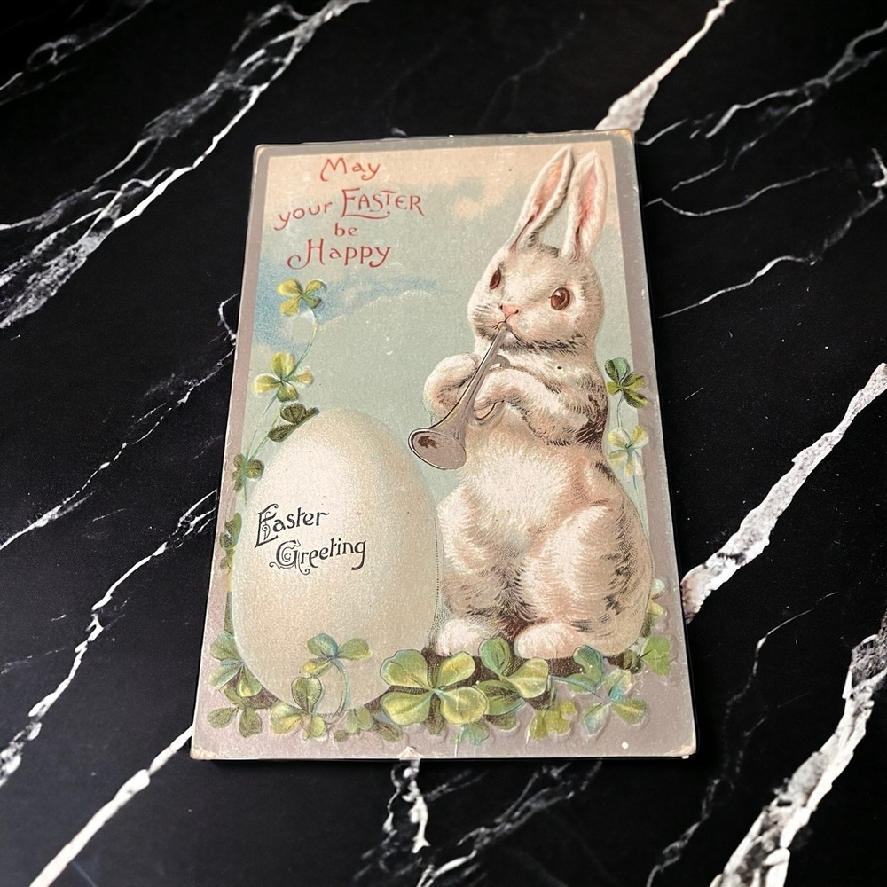 Vtg 1918 Postcard Anthropomorphic Easter Bunny Playing Horn Egg Clover Embossed